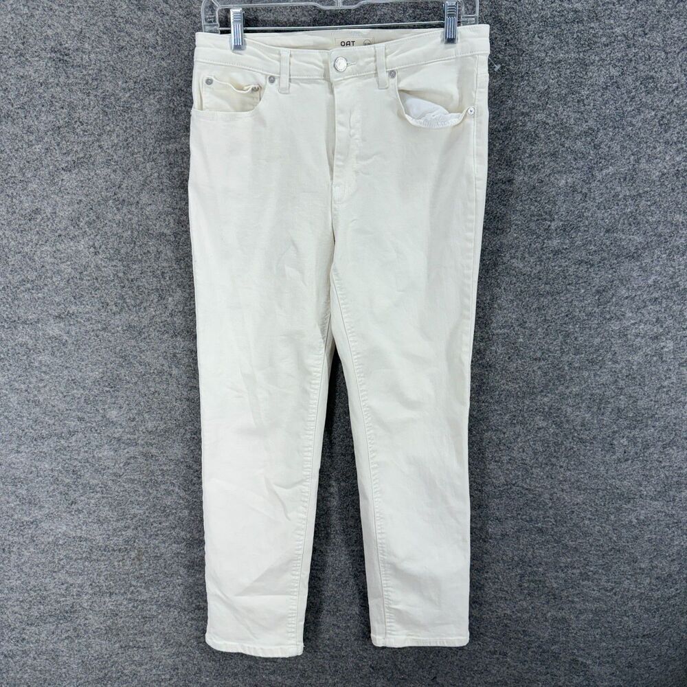 OAT Jeans Women 8 Beige Denim Light Wash Mid Rise Flat Front Straight Pockets